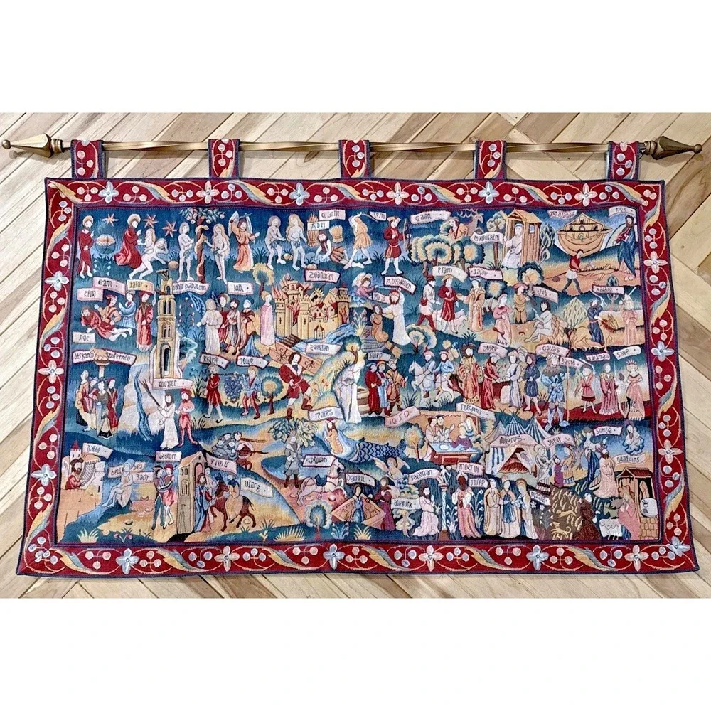 Vintage Biblical Tapestry Wall Hanging Bible Story Scenes 52x33 Rod Included